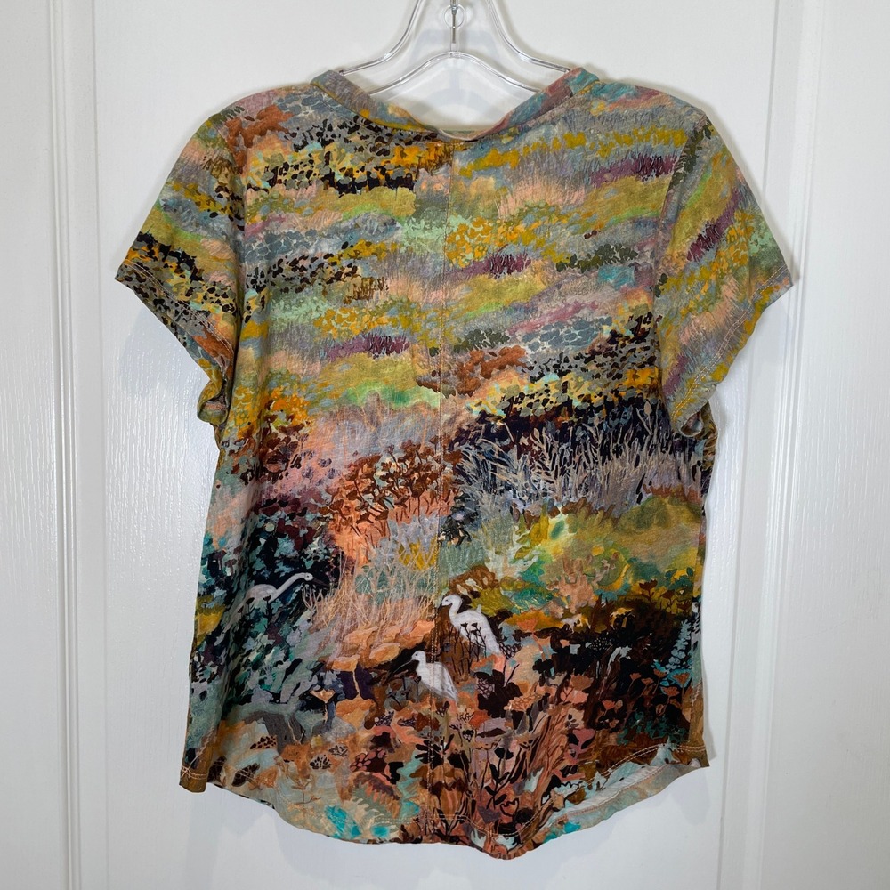 Anthropologie Michelle Morin Notched Tee Landscape Artsy Cotton Boho V-Neck L - Picture 9 of 9